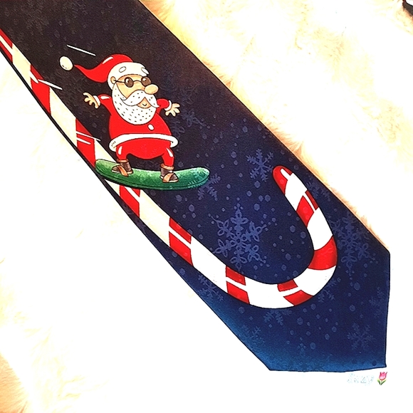 100% Silk Santa Snowboarding Candy Cane Tie - Picture 1 of 9